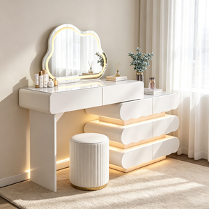 Coiffeuse moderne blanche avec miroir LED, meuble de rangement et tabouret pour chambre à coucher - Product Image 6