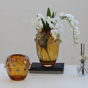 Bixuan Handblown Glass Vase Home Decor Table Centerpieces Modern Colorful Candy Dots Amber Golden Color Glass Flower Vases