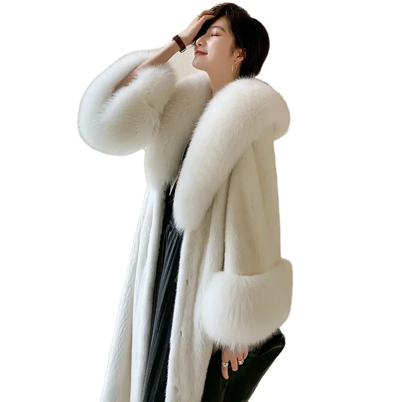 ファッション冬の女性フォックスファーカラープラスサイズフェイクファーコート、ファートリム付き