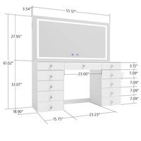 Table de toilette moderne européenne blanche à 11 tiroirs avec miroir spacieux, éclairage et prise de courant intégrée, MOQ 100
