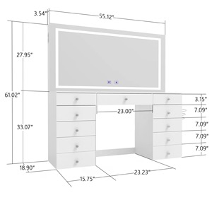 100 Adet Minimum Sipariş Adedi Modern Avrupa Beyaz 11 Çekmeceli Makyaj Masası Geniş Yüzeyli Ayna ve Işıklı Depolama Alanı Güç Prizi ile - Product Image 5