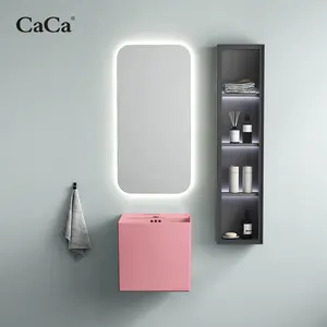 CaCa European Bathroom Wall Hung Wash Basin Pink Vessel Art Basin Sink With Smart Mirror And Cabinet