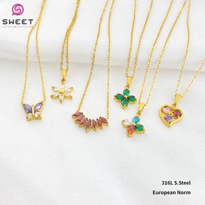 Collar con Colgante de Acero Inoxidable 316L Norma Europea, con Circonitas, Chapado en Oro, con Diseño de Corazón, Mariposa, Trébol de <span class=keywords><strong>4</strong></span> Hojas y Flor - Product Image 1