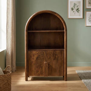 Organic Modern Teak <b>Wood</b> Arched Book Storage with Double Closed Doors - Product Image 2