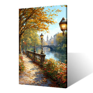 Stampa Artistica Decorativa Moderna ed Ecologica su Tela, Dipinto a Olio con <span class=keywords><strong>Paesaggio</strong></span> Autunnale, Foglie Cadenti e Architettura Lontana - Product Image 3