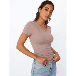 FOXA 2025 verano básico cuello en V Camiseta corta para mujer Slim Fit lindo gimnasio ropa de moda con mangas cortas estilo Y2K - Product Image 4
