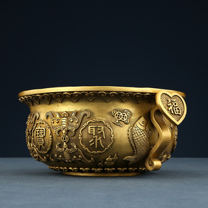 Bassin de trésor Ruyi en laiton, rond, gravé, décoration de bureau et de maison, cadeau, couleur cuivre - Product Image 1