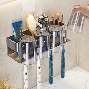 Gun Gray Drill Free <b>Toothbrush</b> <b>Holder</b> Wall Mounted Waterproof Durable for Bathroom Electric <b>Toothbrush</b> Cup Storage Rack - Product Image 1