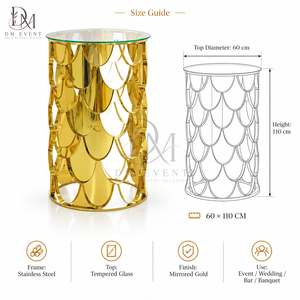 Custom Gold Stainless Steel Round Scalloped Column Cocktail <b>Table</b> with <b>Mirrored</b> Tempered Glass Top for Wedding Parties - Product Image 5