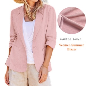 Dames Katoenen Linnen <span class=keywords><strong>Blazer</strong></span> Jas Dunne Lange Mouw Revers Kraag Zakken Bovenkleding Lente Zomer Dame Effen Losse Casual Jas - Product Image 3