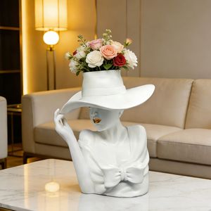 <b>Resin</b> Goddess Vase With Hat <b>Figure</b> Contemporary Desk Flower Arrangement Home Office Decoration Gift - Product Image 1