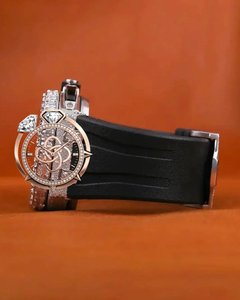 Montre chronographe en quartz incrustée de diamants de haute qualité, ton or rose, verre noir, cristal, boîtier en acier inoxydable et caoutchouc de 20 mm - Product Image 3