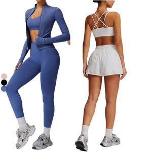 Set Sportivo da <span class=keywords><strong>Donna</strong></span> per Fitness, Completo Sportivo alla Moda in <span class=keywords><strong>3</strong></span> Pezzi: Reggiseno Sportivo Incrociato, Giacca con Zip Aderente per Yoga, <span class=keywords><strong>Leggings</strong></span> Senza Cuciture Modellanti - Product Image 1