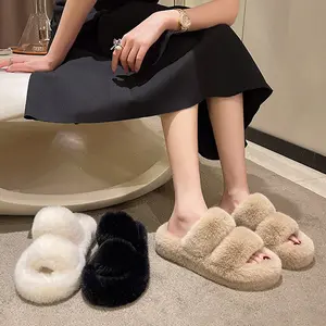 Chinelos de inverno femininos antiderrapantes, sandálias de dedo aberto com sola grossa, sapatos de inverno personalizados, de pelúcia fofa e quente para mulheres Changtong, moda caseira