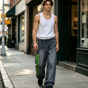 Custom <b>Straight</b> <b>Leg</b> Men's Casual Trousers Screenprint Jogger <b>Track</b> <b>Pants</b> Double Waist Stacked Sweatpants - Product Image 1