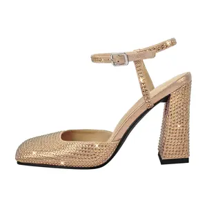 모조 다이아몬드 스퀘어 발가락 여성 샌들 도매 하이힐 2024 새로운 여성 패션 신발
