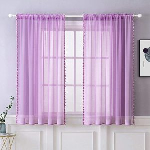 Rideaux transparents pour chambre à coucher de filles, Voile Pom Pom, 2 panneaux - Product Image 2