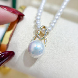 Pendentif en argent S925 avec perles rondes de 11-14 mm, collier simple en jade à faire soi-même avec support vide, accessoire de la collection 31105 - Product Image 3