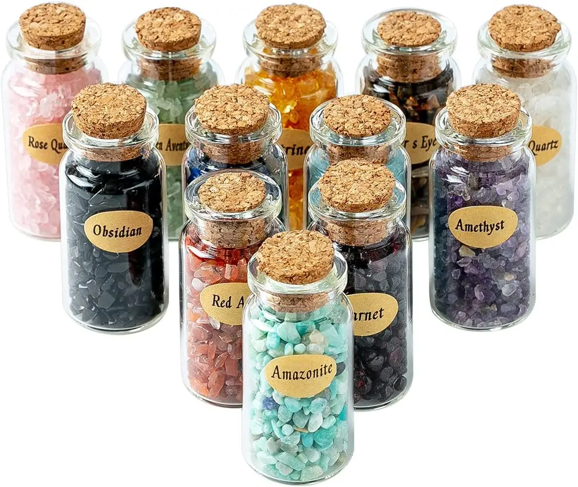 12 Different Gemstone Bottles Chip Crystals and Healing Stone Crystals Bottles Wicca Gem Stones Set