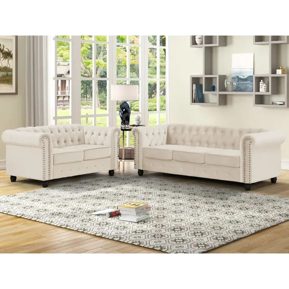 TIANHANG – ensemble de meubles de style européen américain, 3, 2, 1 places, avec boutons, bras Chesterfield, beau canapé en tissu velours brillant