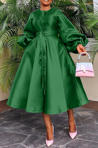 Abito Lungo da Donna <span class=keywords><strong>in</strong></span> <span class=keywords><strong>Raso</strong></span> con <span class=keywords><strong>Maniche</strong></span> a Lanterna, Cintura e Bottoni, <span class=keywords><strong>Vestito</strong></span> Casual Elegante a Linea A - Product Image 5
