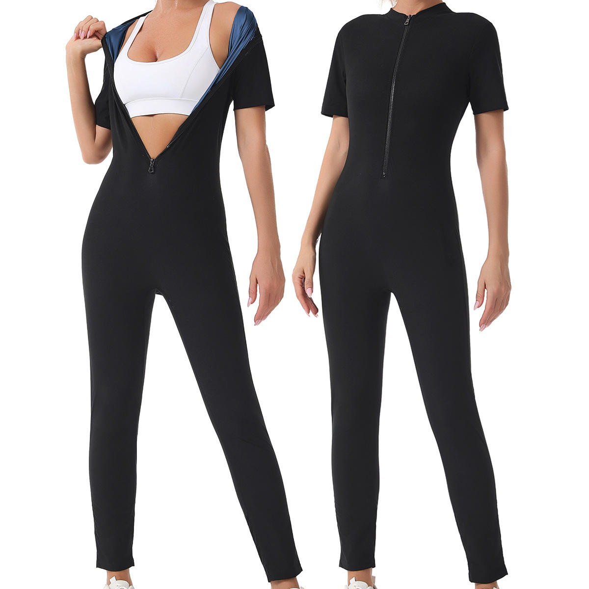 Blue Long Jumpsuit with Short Sleeve