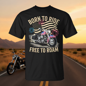 Camiseta retro para motociclistas con bandera americana, Born To Ride Free To Roam - Product Image 3