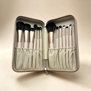 13pcs Synthetic Hair <b>Makeup</b> Brush Set with Beige Zipper <b>Case</b> Large Capacity Reusable Portable Cosmetic Brush Storage Bag - Product Image 5