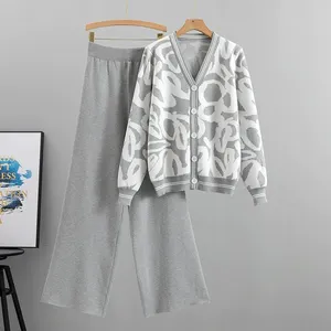 B579 Damen 2-teilige Trainings anzüge Langarm-Strick pullover mit weitem Bein Outfits Loungewear-Sets - Product Image 3
