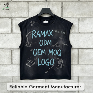 เสื้อยืดแขนกุด RAMAX สำหรับผู้ชาย 250GSM ผ้าฝ้าย 100% พิมพ์ลาย ODM OEM รับทำโลโก้ เสื้อลำลองสไตล์สตรีทแวร์ - Product Image 2