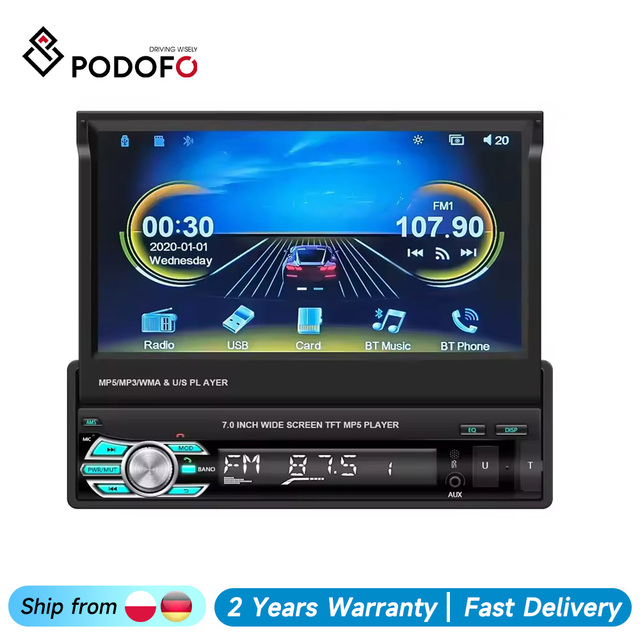 Podofo Single Din Carplay Car Radio Auto Stereo 7" Retractable Touch Screen Autoestereo BT FM Aux Input USB Support AHD Camera