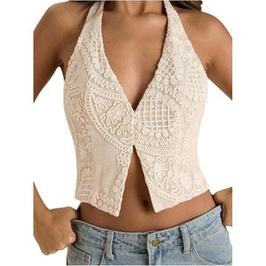 FOXA Top corto con cuello halter y bordado floral para mujer, top corto con cuello en V y espalda descubierta, tops elegantes para el tiempo libre - Product Image 6