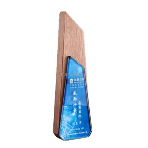 Hot Sale UV Color Printing Blue Education Crystal Glass Wooden Trophy Wood Award Custom Lettering Solid Wood K9 Crystal Trophy