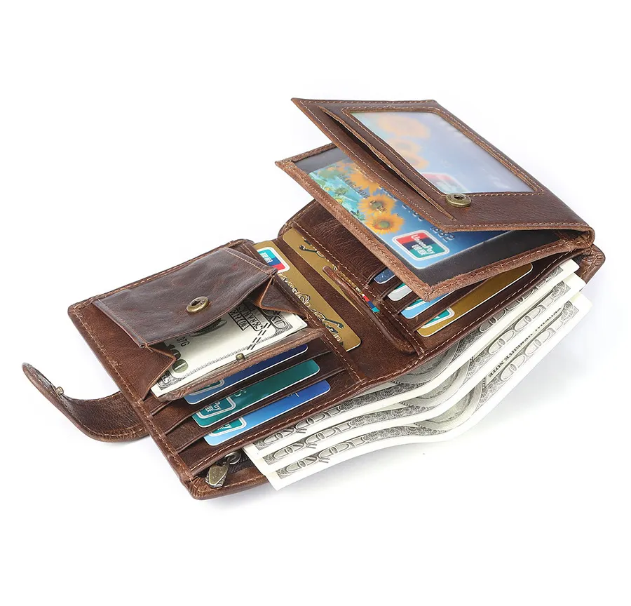 محفظة فاخرة للرجال من الجلد الأصلي مزودة ببطاقات وحامل للعملات المعدنية ومعها أوراق نقود وقطع معدنية RFID