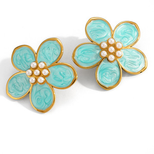 Pendientes de Perlas con Centro de Flor, Chapados en Oro de 18k, Acero Inoxidable, Joyería de Moda Primavera-Verano - Product Image 5