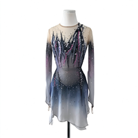 Robe de patinage et de danse dégradé gris-bleu, maille nude, manches longues, ligne de strass en forme de rose, pour enfants et adultes, compétition et performance