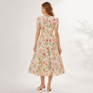Vestido Midi <span class=keywords><strong>de</strong></span> Viscosa para Mujer, 120G, Corte en A, <span class=keywords><strong>Manga</strong></span> Abullonada, Cintura Natural, Bordado Tonal, Estampado Floral <span class=keywords><strong>de</strong></span> Tulipanes Holandeses, Venta al Por Mayor - Product Image 3