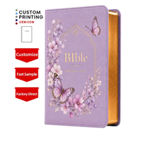 Service d'impression en gros, bible chrétienne personnalisée avec couverture souple en cuir PU de couleur violette, bord doré, impression professionnelle