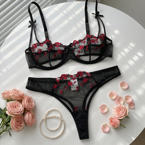Wholesale Black Rose Embroidery Lingerie <b>Set</b> <b>Sexy</b> Sheer Mesh Underwire Bra and Thong Panties <b>Set</b> 2 Piece Bow Lace Intimates - Product Image 2