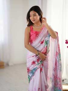 Sari en soie Georgette avec blouse non cousue, imprimé de fleurs, magnifique sari coloré avec travail de miroir pour femmes - Product Image 3