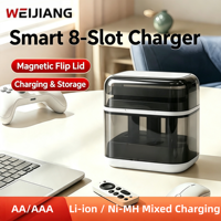 Boîte de charge USB-C transparente à 8 emplacements pour piles AA AAA NiMH Lithium, canaux indépendants, protection multi-sécurité, couvercle magnétique