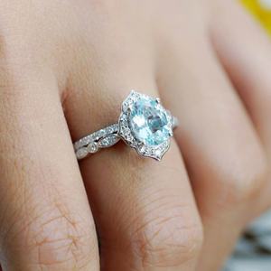 Anillo de Compromiso de Plata de Ley S925 con Bisel Floral Ovalado y Aguamarina, Joyería Elegante para Mujer, Venta al por Mayor, Estilo Vintage - Product Image 3