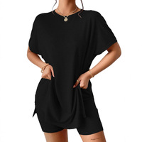 Sweater Rajut Lengan Panjang Kasual Wanita untuk Set dengan Atasan Tunik Panjang Selutut dan Celana Pendek 2 Potong Pakaian Liburan Pantai