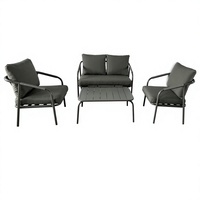 Ensemble de conversation extérieur moderne en aluminium vert foncé, canapé 2 places + 2 fauteuils individuels + table basse à lattes, résistant à l'eau