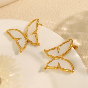 Pendientes de mariposa con concha blanca, aleación de zinc dorada, joyería de moda para mujer - Product Image 2
