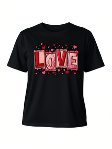 Camiseta Casual para Mujer Talla Grande, Diseño de Letras de Amor y Corazón de Leopardo, Cuello Redondo, Manga Corta, Tejido de Punto, para Todas las Temporadas - Product Image 1