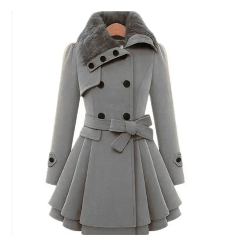 Abrigo de invierno con solapa y doble botonadura para mujer, abrigo largo cálido con cuello de piel para niña y mujer