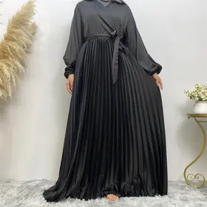패션 이슬람 의류 Abayas V-넥 패치 워크 플리츠 롱 스커트 드레스 여성을위한 전통 이슬람 의류 드레스