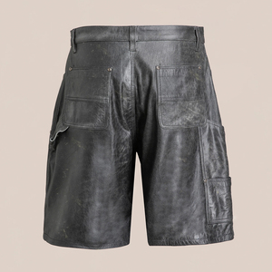 Pantalones Cortos de Cuero Genuino con Acabado Vintage y Efecto Desgastado para Hombre, con Doble Rodilla, Ajuste Relajado, Estilo Jorts, Tendencia Streetwear para Chicos - Product Image 4