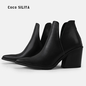 Botines Coco SILIYA con punta en pico, botas Chelsea negras sin cordones para mujer, botines de tacón alto a la moda de primavera - Product Image 1